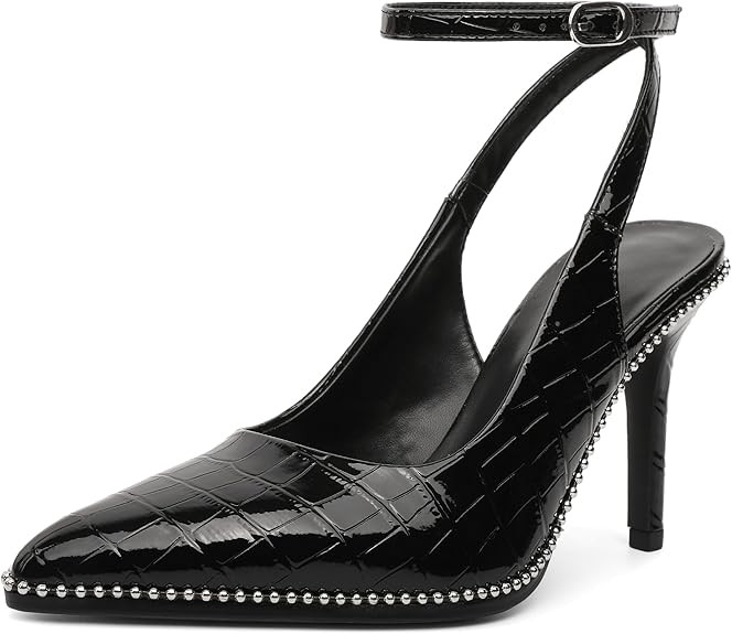EDEFS Women's 3.5 Inch Stiletto High Heels Pointed Toe Slingback Pumps Ankle Strap Beaded Shoes f... | Amazon (UK)