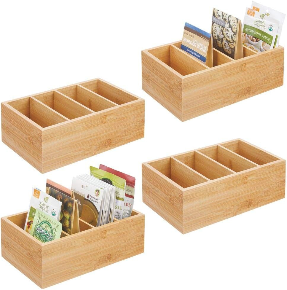 mDesign Bamboo Wood Compact Food Storage Organizer Bin Box - 4 Divided Sections - Holder for Seas... | Amazon (US)