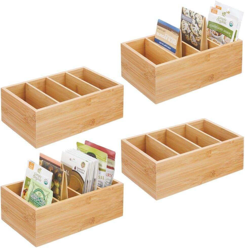 mDesign Bamboo Wood Compact Food Storage Organizer Bin Box - 4 Divided Sections - Holder for Seas... | Amazon (US)