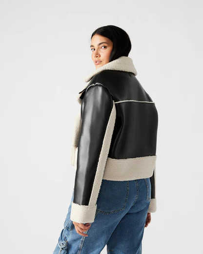 ATHEN Jacket Black | Women's Faux Leather Shearling Trim Jacket | Steve Madden (US)