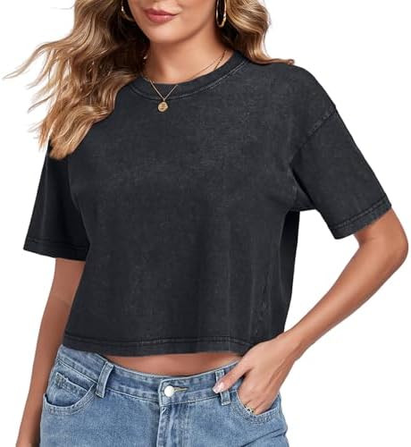 Womens Crop Tops Acid Wash Short Sleeve T-Shirts Casual Round Neck Basic Tees Baggy Summer Shirts | Amazon (US)