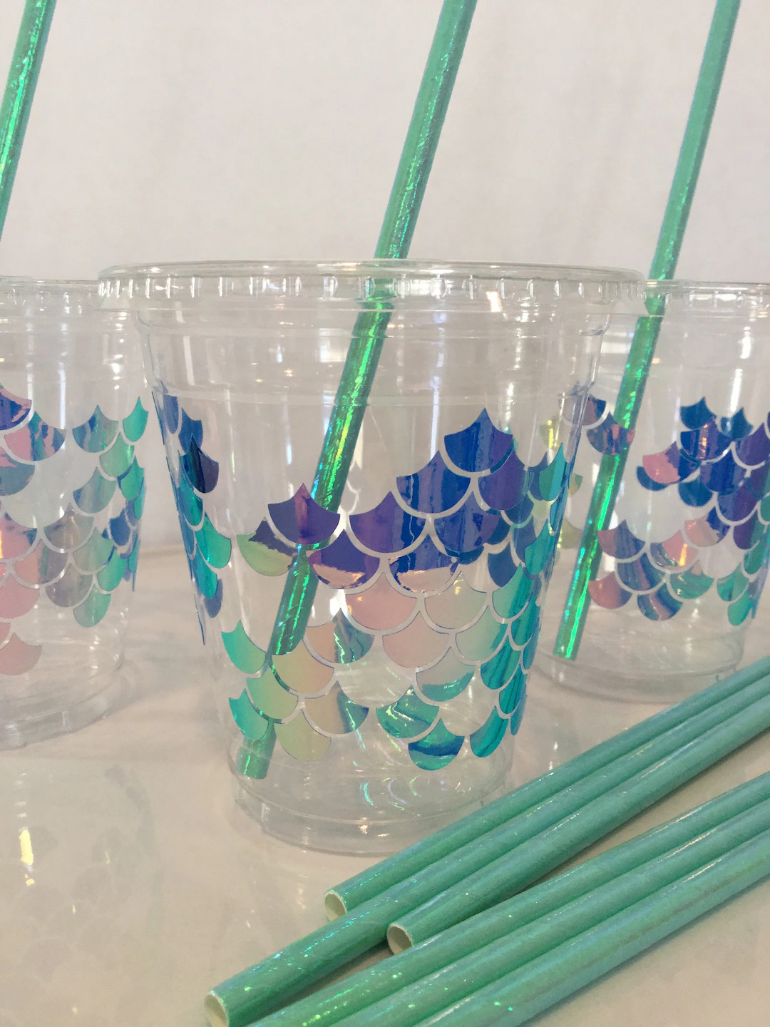Mermaid scales party drink cup 12 ounce cold drink ware favor cup paper straw slotted lid mermaid... | Etsy (US)