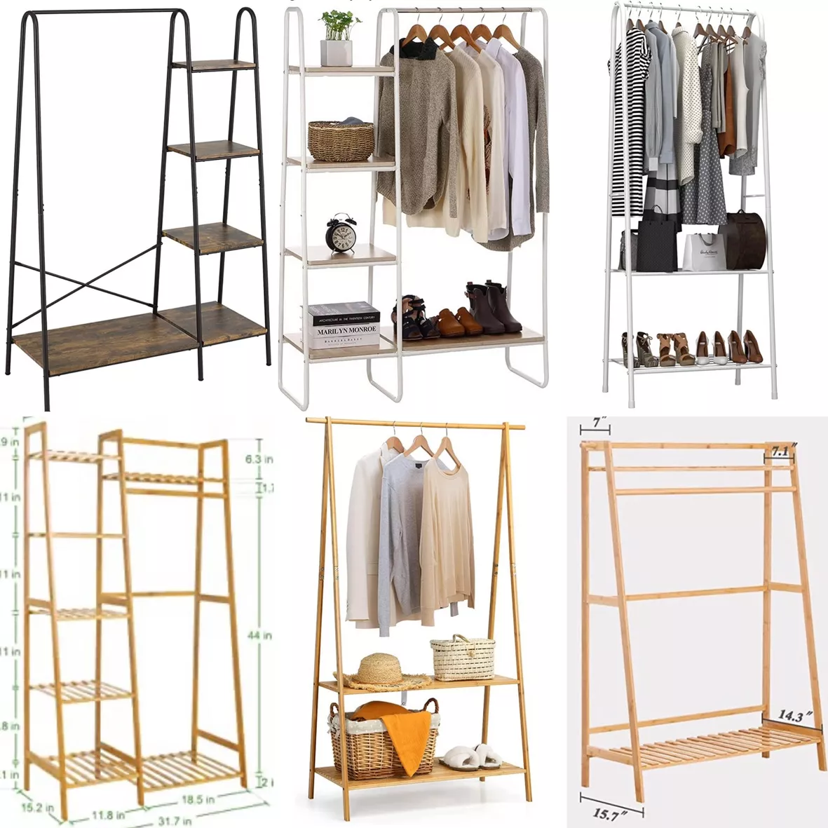 COOGOU Bamboo Wood Clothing Garment Rack with Shelves Clothes