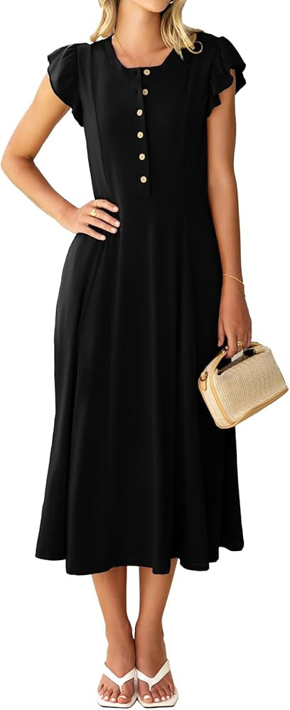 Simplee Womens Summer Short Sleeve Midi Dress Casual Button Crewneck A Line Flowy Fit and Flare L... | Amazon (US)