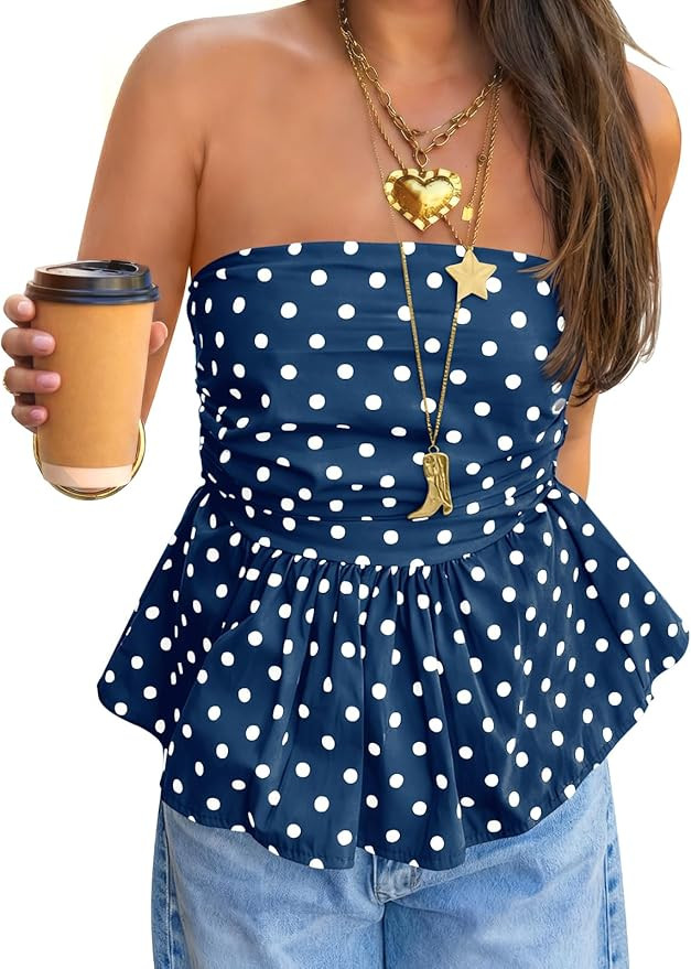 Tankaneo Womens Strapless Polka Dot Tube Tops Cute Backless Peplumn Ruffle Hem Bandeau Top Slim F... | Amazon (US)