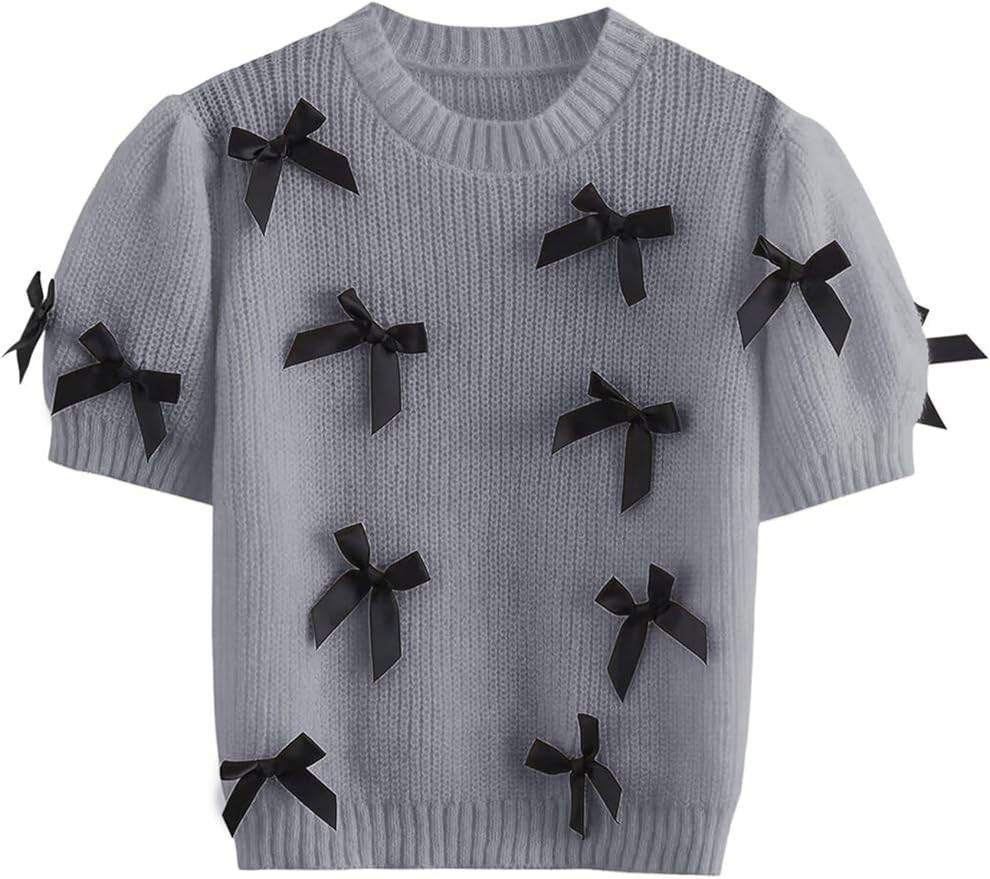 Women's Sweaters Knitted O-Neck Puff Short Sleeve Pullover Tops Casual Bow Knitwear T Shirts Blou... | Amazon (US)
