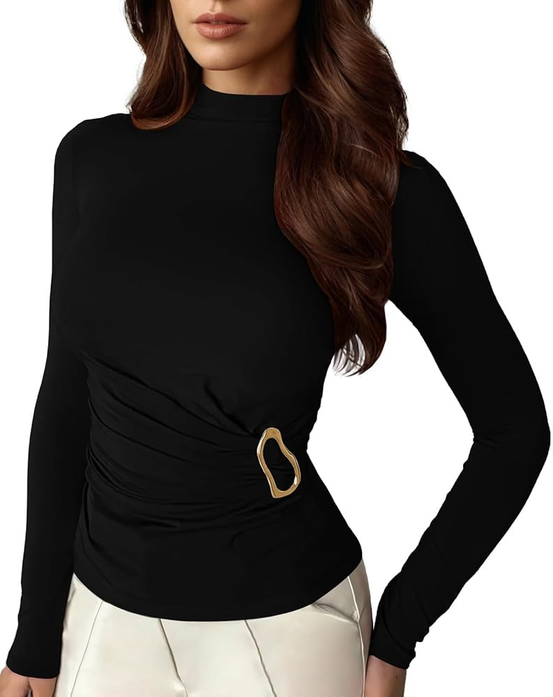 Pink Queen Women's 2025 Fall Long Sleeve Shirts Mock Neck Button Decor Ruched Slim Fit Going Out ... | Amazon (US)