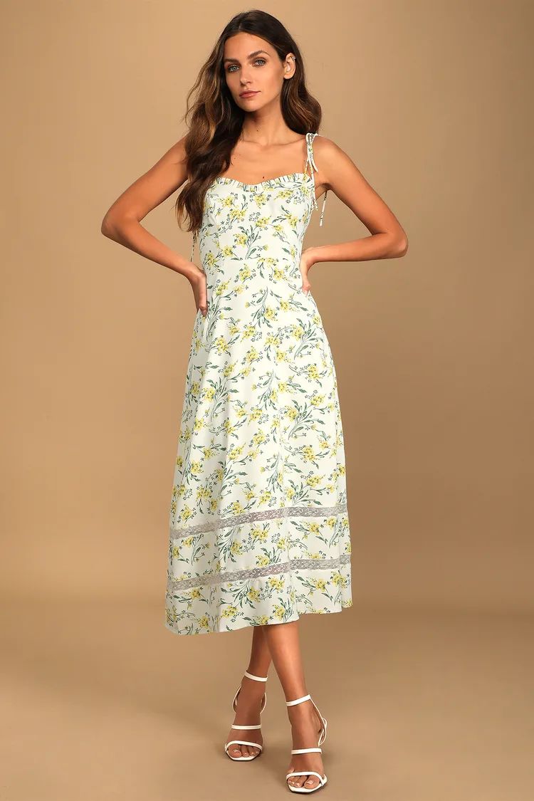 See the Blooms White Floral Print Tie-Strap Midi Dress | Lulus (US)
