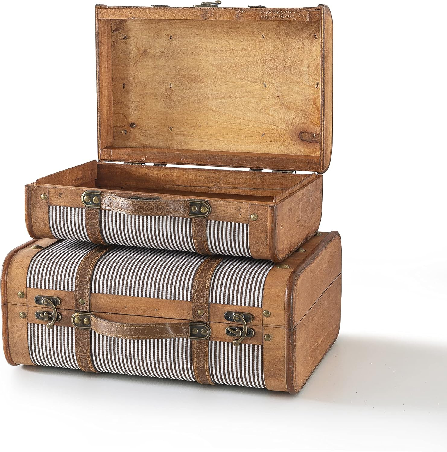 SLPR Antique Striped Wooden Boxes with Hinged Lid: Set of 2 Wood Chests, Farmhouse Styled Small W... | Amazon (US)