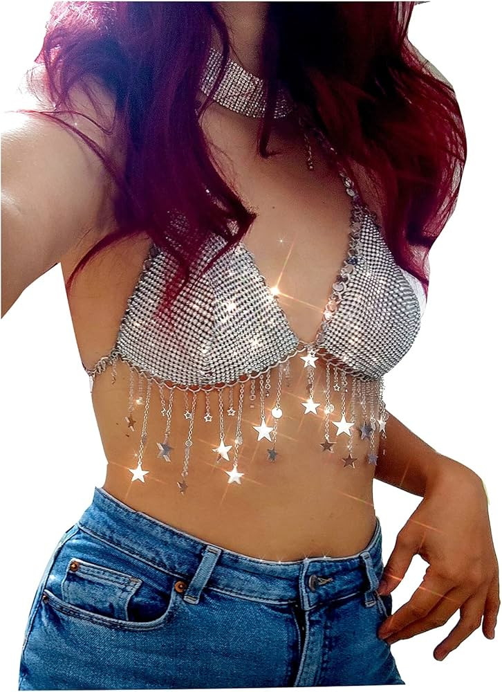 Women Sparkly Rhinestone Mesh Halter Bra Top Sequins Stars Chest Bikini Halter Crop Top Body Chai... | Amazon (US)
