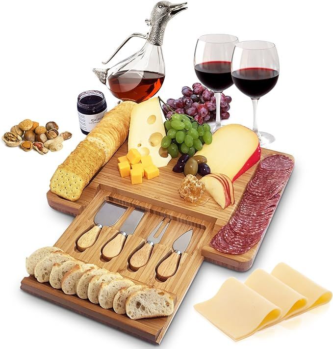 Home Euphoria Natural Bamboo Cheese Board and Cutlery Set with Slide-out Drawer. Serving Tray for... | Amazon (US)