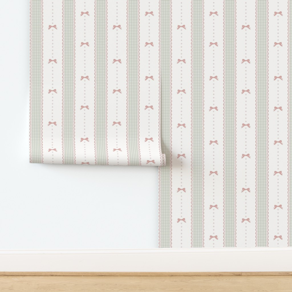 Lacey Preppy Gingham Ribbons & Bows - Mint Green & Pink - large repeat Wallpaper | Spoonflower | Spoonflower