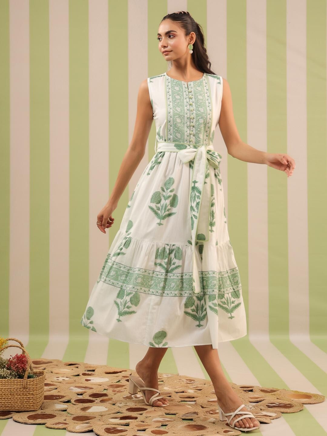 Hand Block Printed Dress | Summer Midi Dress | Cotton Floral Dress Spring| White & Green Dress| H... | Etsy (US)