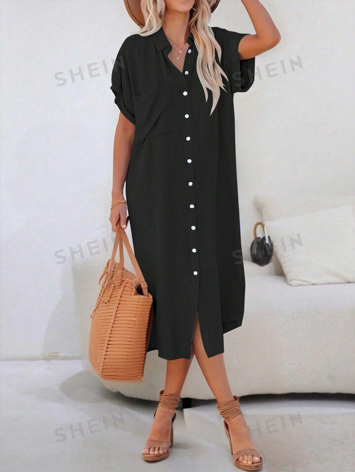 SHEIN Essnce Women's Plain Simple Casual Loose Summer Shirt Dress | SHEIN USA | SHEIN