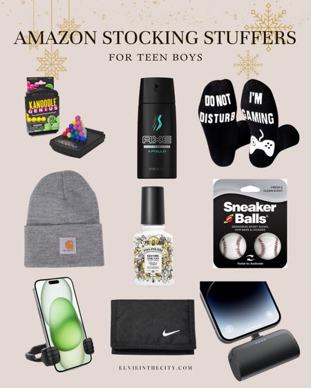 Amazon stocking stuffers for teen boys include a puzzle, body spray, gaming socks, a beanie, bathroom spray, sneaker balls, a cell, phone holder, a wallet, and a portable charger.

Gifts for boys, teen stocking stuffers, gifts for him, gifts under 10

#LTKHoliday #LTKGiftGuide #LTKkids