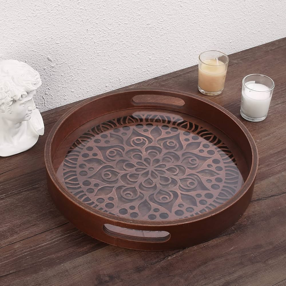 12" Decorative Tray, Round Wood Tray for Home Decor, Small Wooden Serving Tray with Handles for C... | Amazon (US)