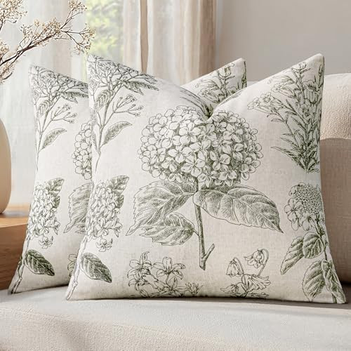Set of 2 Decorative Floral Neutral Pillow Covers 18x18 Inch Light Green Hydrangea Print Outdoor B... | Amazon (US)