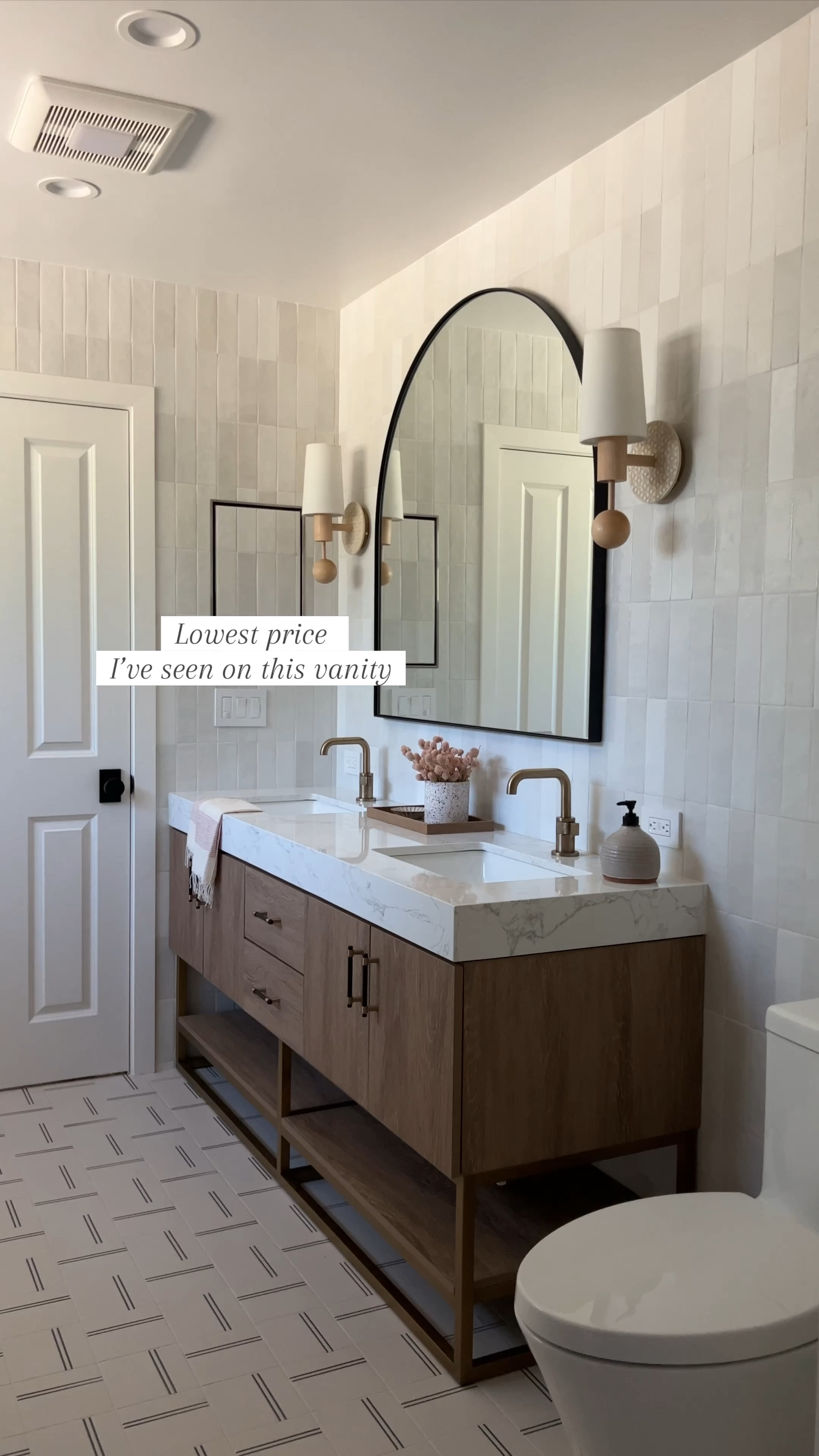 Lowest price I’ve seen on the Vanity! My client saved thousands of dollars using this vanity since it comes with the countertop love the soft clothes drawers and wood tone. Comes in nine sizes. Brass hardware black hardware brass faucet white tile bathroom design Bedrosians Wayfair glass shower doorr
Arch mirror arched mirror 
Black mirror 

#LTKhome #LTKsalealert

#LTKFindsUnder100 #LTKSaleAlert #LTKHome