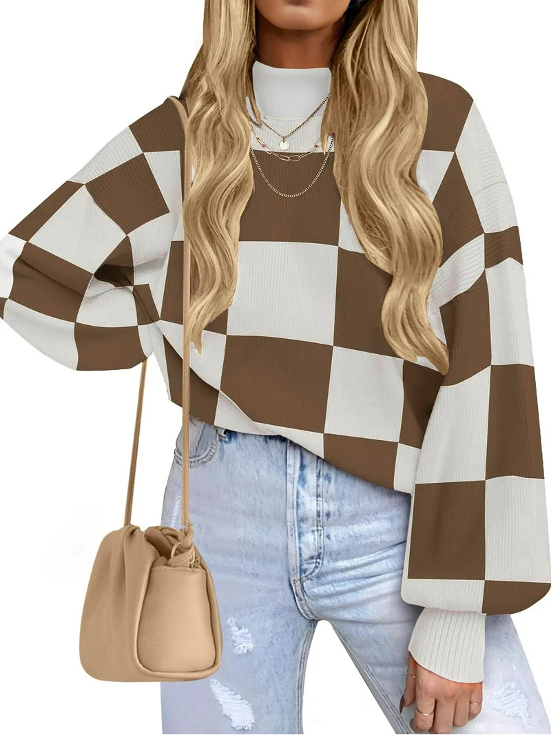 MOSHU Oversized Sweaters for Women Drop Shoulder Plaid Colorblock Tops Fall Crewneck Pullover Swe... | Walmart (US)