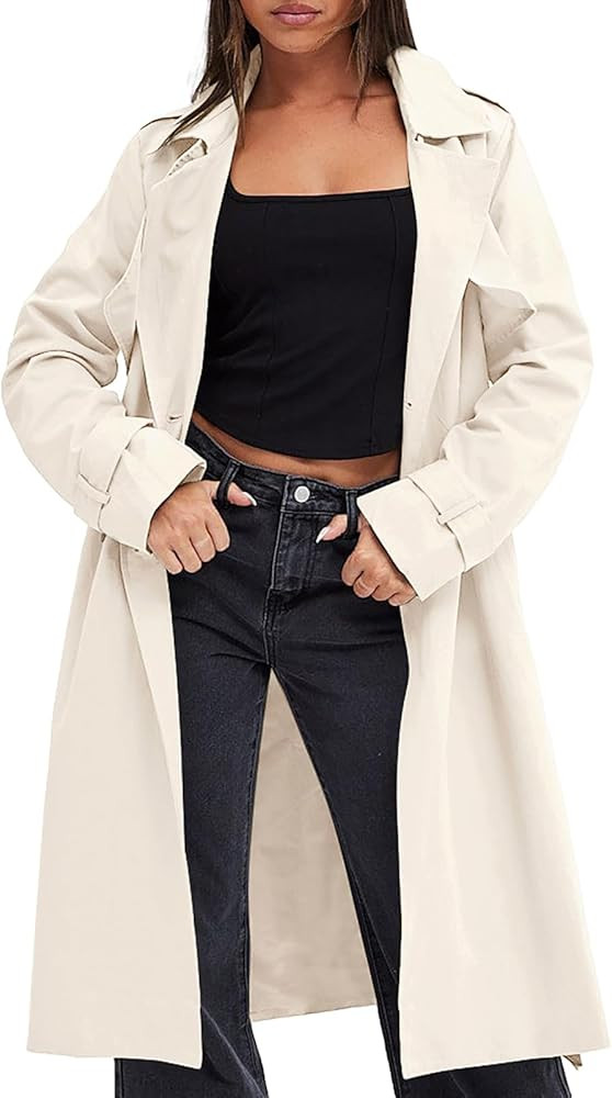 Fisoew Women's Double Breasted Trench Coats Causal Windproof Long Lapel Pocketed Overcoat with Be... | Amazon (US)