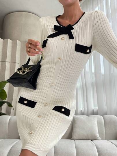 SHEIN Privé Contrast Trim Bow Front Fake Button Bodycon Sweater Dress | SHEIN