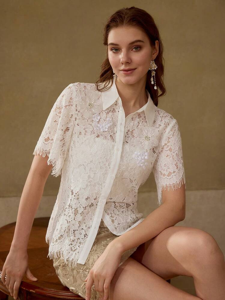 MOTF PREMIUM SHORT SLEEVE BUTTON UP SHEER BLOUSE | SHEIN