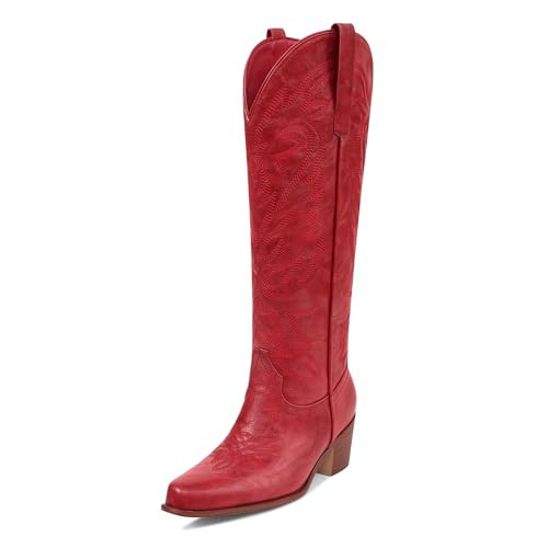 Ouepiano Red Cowboy Boots for Women Cowgirl Knee High Boots with Classic Embroidered Pull On & Side Zipper Pointed Toe Chunky Heel Vintage Country Western Boots Size 7.5 | Amazon (US)