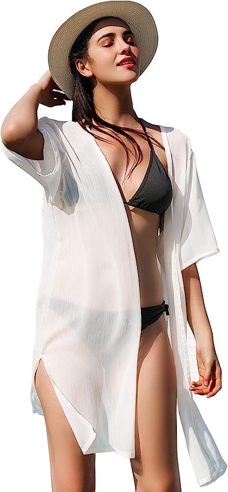 Soul Young Sheer Cover Ups for Swimwear Women White Kimono Beach Coverup Black | Amazon (US)