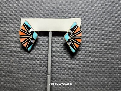 Sterling Silver Native American Turquoise Coral Mother Of Pearl Inlaid Earrings   | eBay | eBay US