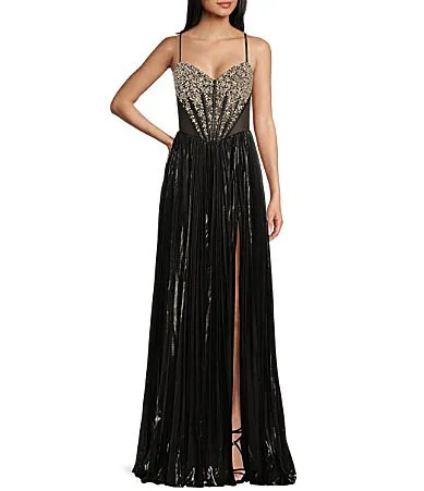 Jovani Metallic Sweetheart Neck Beaded Corset Bodice Spaghetti Strap A-Line Dress - 4 | Dillard's