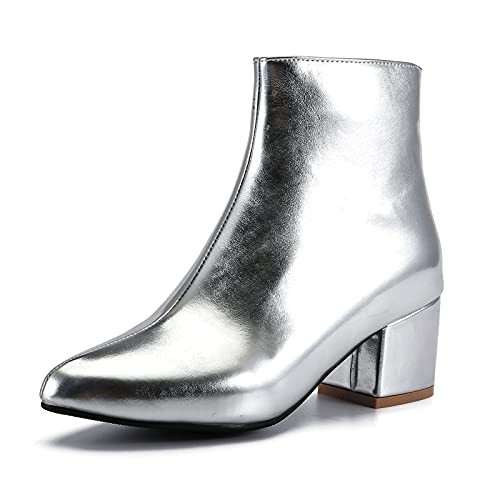 LIURUIJIA Womens Pointed Toe Ankle Boots Mid Chunky Heel Side Zipper Lined Fall Winter Fashion Boots Silver 39 US 7.5 | Amazon (US)
