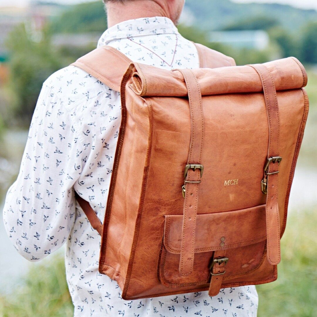 Personalised Large Leather Rolltop Backpack Mens Backpack Womens Leather Backpack Personalized La... | Etsy (UK)