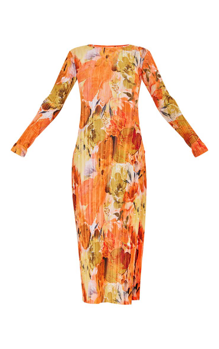 Tall Orange Floral Print Plisse Long Sleeve Split Detail Midi Dress | Pretty Little Thing (Australia & New Zealand)