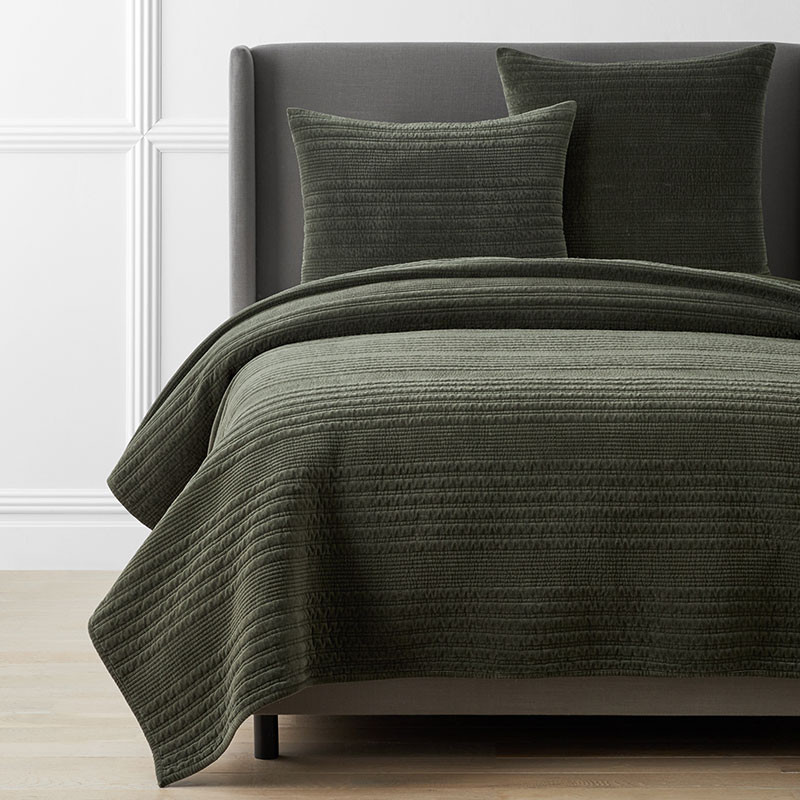 Line Stitch Velvet Quilt - Olive, Full/Queen | The Company Store