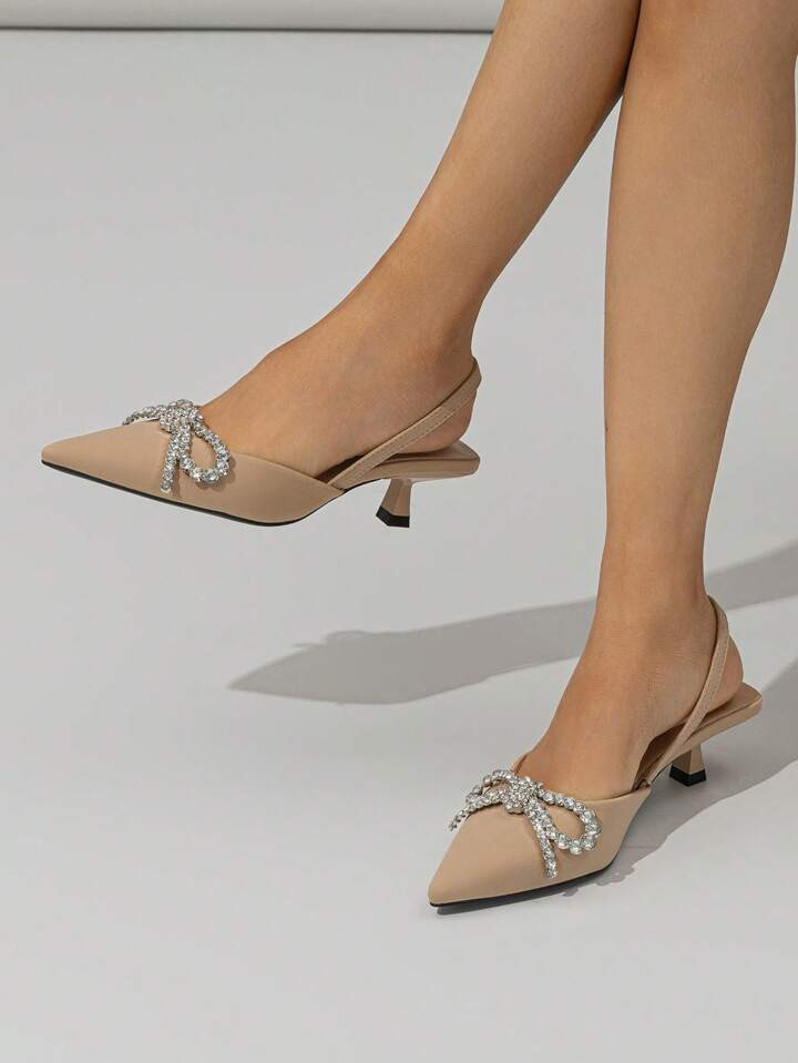 Glamorous Slingback Pumps For Women, Rhinestone & Bow Decor Kitten Heeled Pumps | SHEIN
