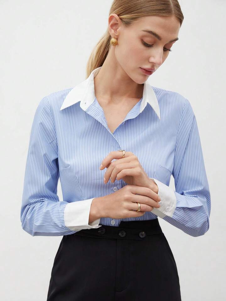 BizChic Camisa De Mujer De Rayas En Bloqueo De Color Con Cuello Vuelto | SHEIN