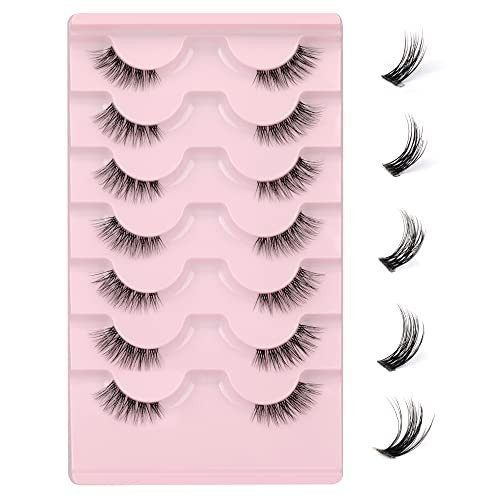JIMIRE Half Lashes with Clear Band Cat-Eye Lashes Fluffy Wispy Accent False Eyelashes Natural Look Handmade Soft DIY Cluster Lashes Pack 7 Pairs | Amazon (US)