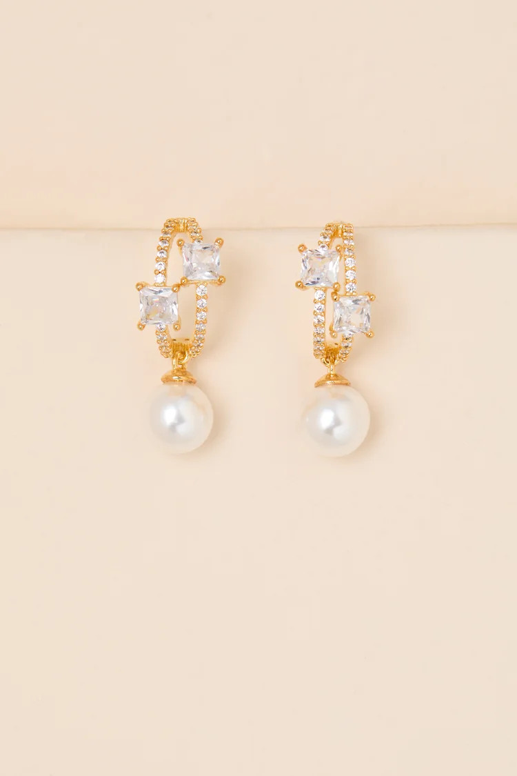 Eberly Gold Rhinestone Pearl Hoop Earrings | Lulus