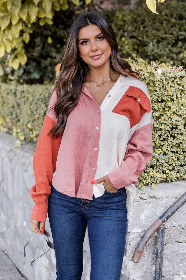 Fall Break Destination Pink and Rust Colorblock Gauze Blouse | Pink Lily