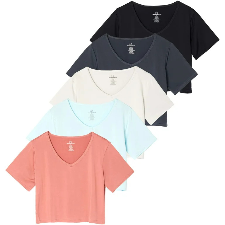 Real Essentials 5 Pack: Women's Dry-Fit Short Sleeve V-Neck Crop Top Boxy Athletic Tee - Walmart.... | Walmart (US)