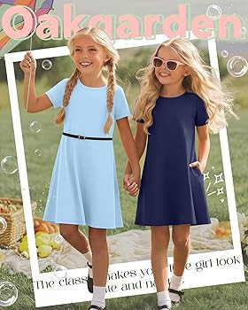 Oakgarden 2 Pack Girls Dress 5-14Y with 2 Pockets Kids Short Sleeve Crewneck Basic Dress Teen A-L... | Amazon (US)
