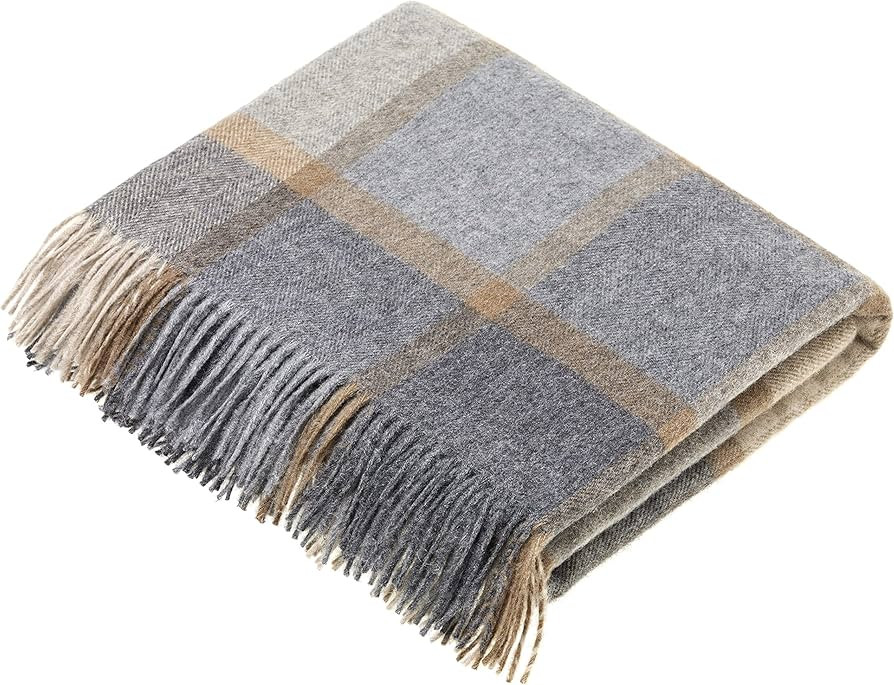 Moon Wool Plaid Throw Blanket, Merino Lambswool, Block Windowpane Beige Grey, Made in UK | Amazon (US)