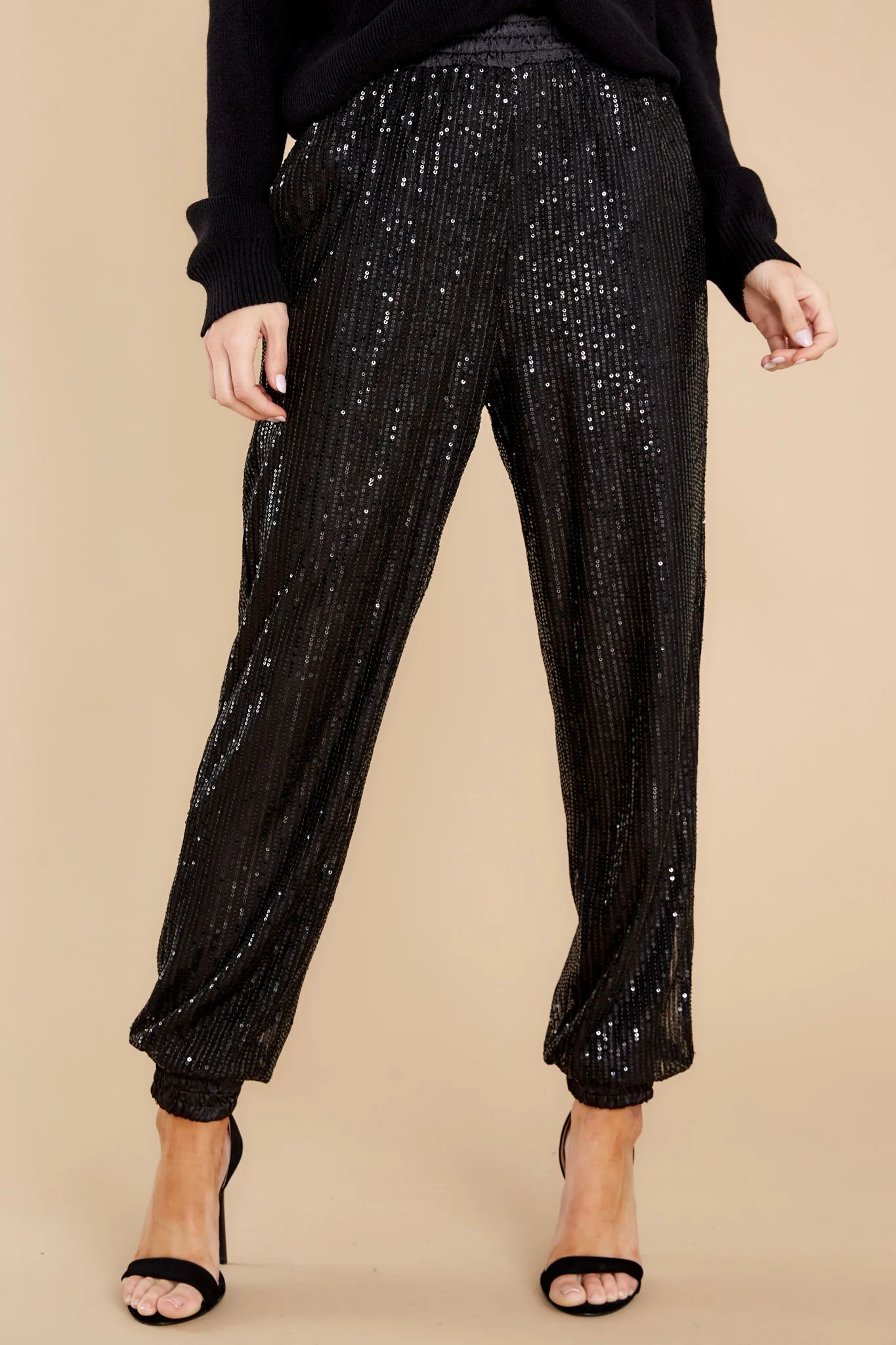 Sparkle With Me Black Satin Trim Sequin Jogger Pants | Red Dress 