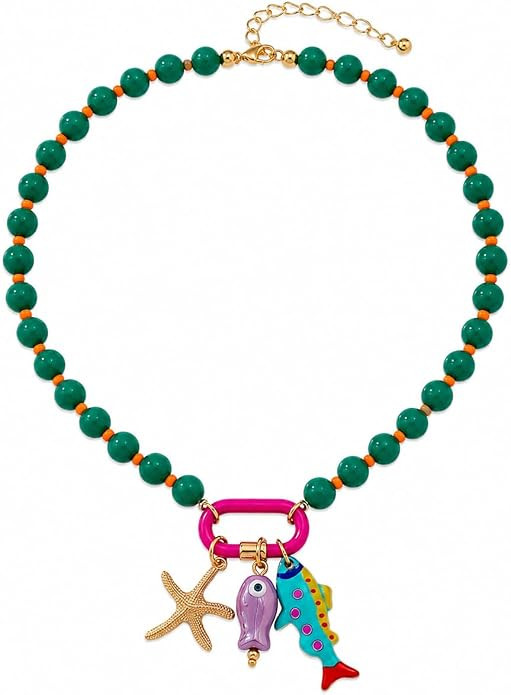LIU JUN Colorful Beaded Necklace for Women, Chunky Boho Fish Starfish Conch Pendant Acrylic Bead ... | Amazon (US)