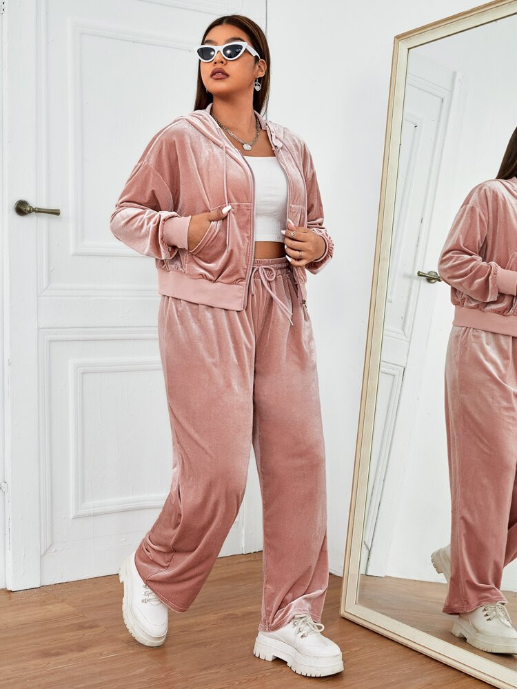 SHEIN EZwear Plus Drop Shoulder Drawstring Hooded Velvet Jacket & Pants | SHEIN