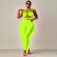 Plus 3pcs Neon Green Cut Out Ruffle Trim Halter Bikini Swimsuit | SHEIN