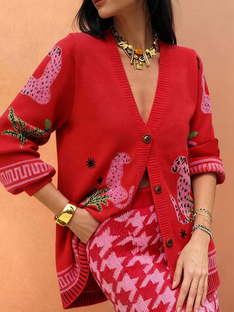 Starfish Autumn/Winter Women's Fashion Casual Commuter Leopard Pattern Long Sleeve Crew Neck Amber Button Knit Cardigan, Fitted Sweater, Autumn Country Music Festival, Red Valentine's Day/Chinese New Year | SHEIN