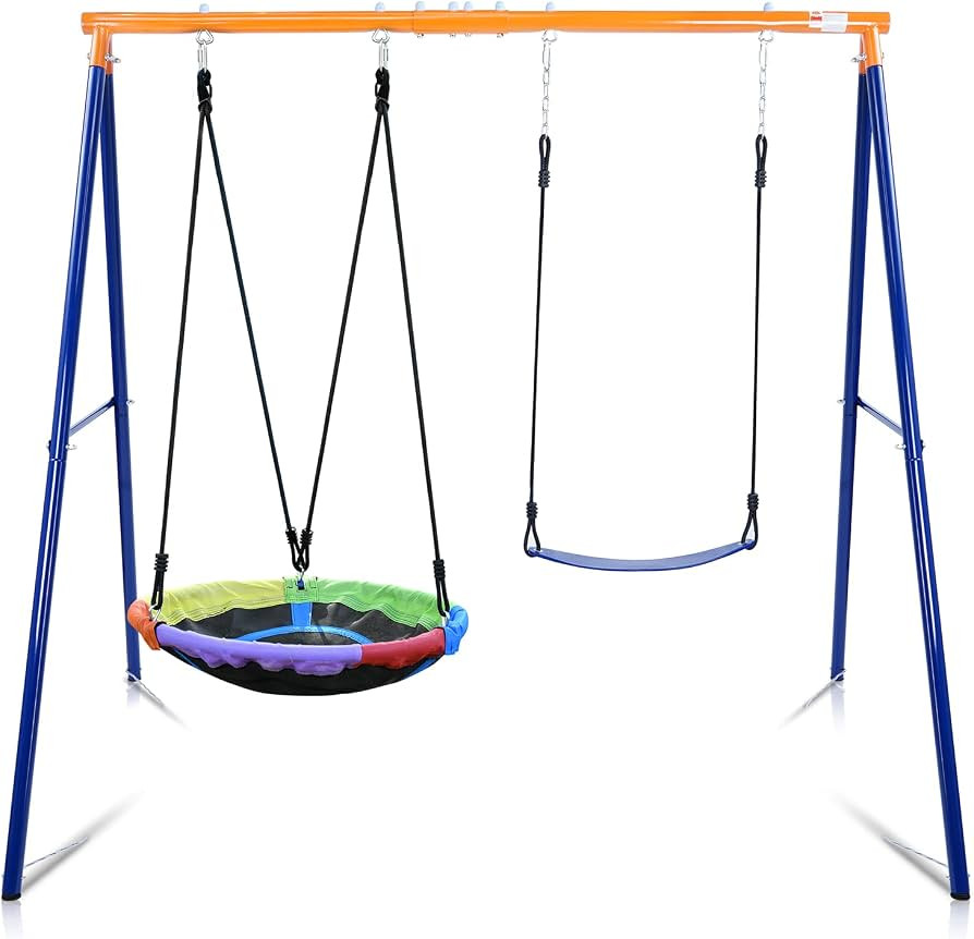 Swing Set for Backyard, 440lbs Swing Set with Heavy-Duty A-Frame Metal Stand, 1 Saucer Swing Seat... | Amazon (US)