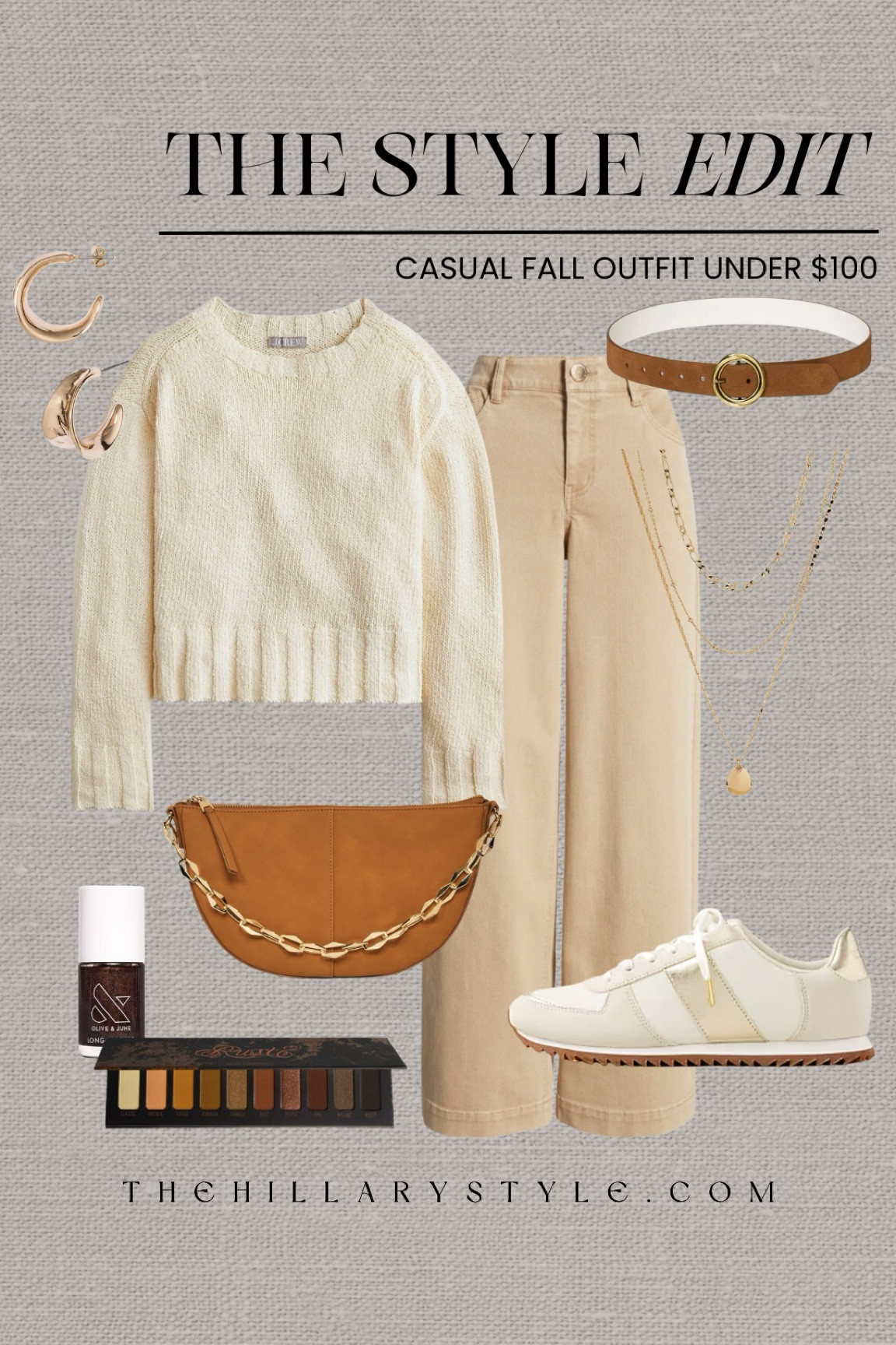 The Style Edit Collective: Casual Fall Outfit all under $100. Tan wide leg jeans, cream sweater, sneakers, reversible belt, brown shoulder bag, gold layered necklace, gold hoops, brown nail polish, makeup pallet. Nordstrom, J.Crew, Target, Melt Cosmetics, Olive & June. Fall outfit, casual outfit, sweater outfit.

#LTKStyleTip #LTKSeasonal #LTKFindsUnder100