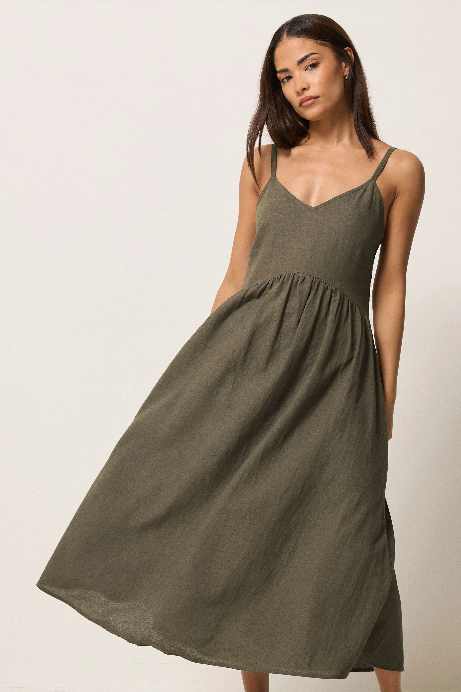 Olive PixieGirl Petite Strappy Linen Midi Dress | Boohoo | Boohoo.com (UK & IE)